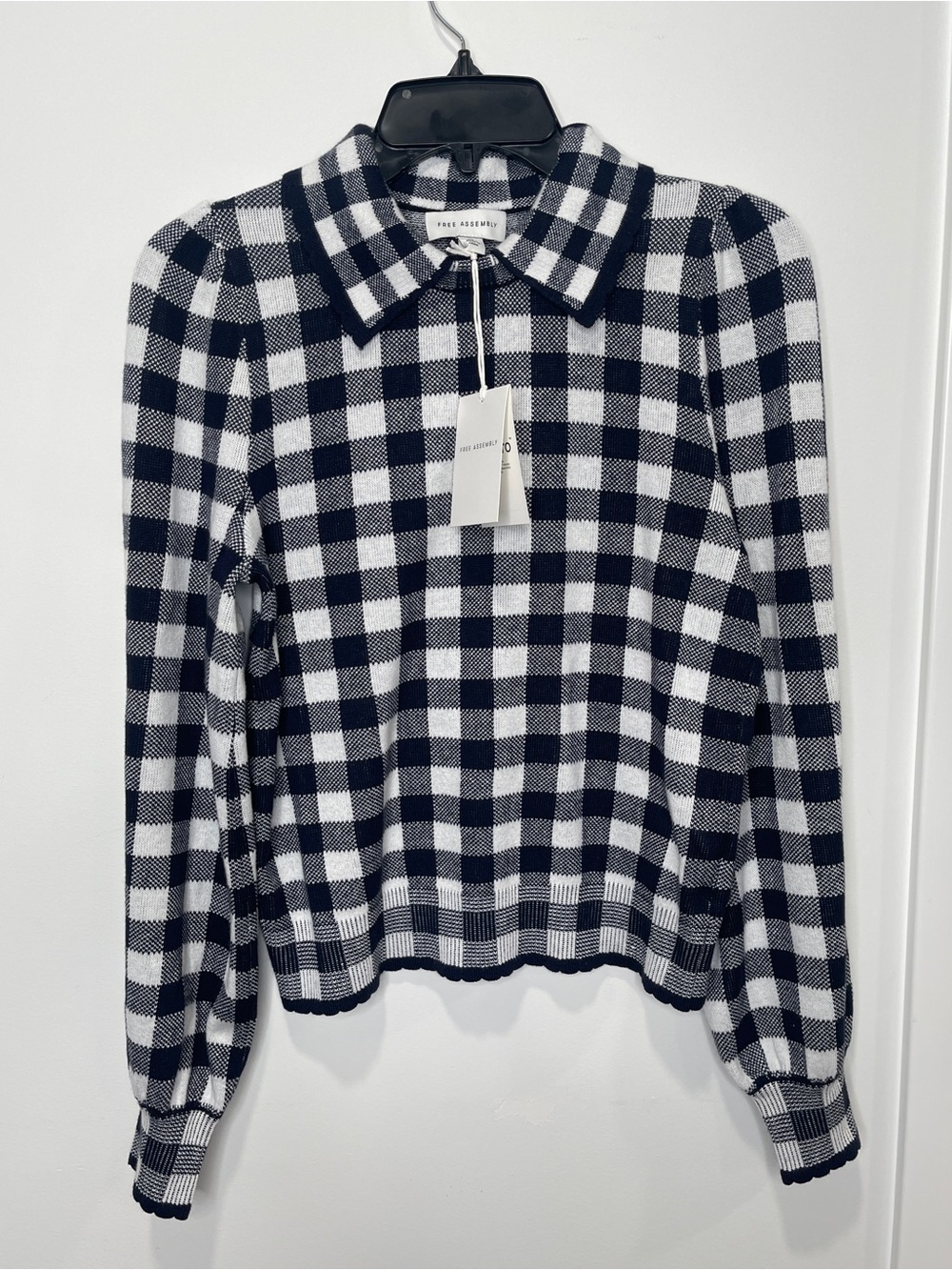 Navy & White Checked Collared Knit Sweater
